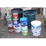 2 x dustbins (no lids) with contents, various part used paints and tile adhesive.