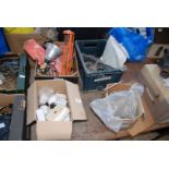 Four boxes of electrical fittings, stainless steel yacht fitting, grease guns, welding rods,