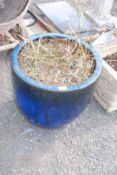 Large blue glazed garden planter 18" diameter x 18" tall.