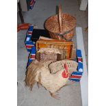 A straw Cockerel, wicker baskets,