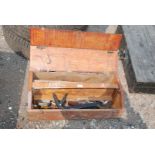 Wooden tool box and contents.