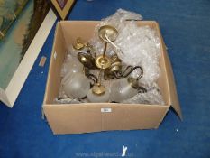 Three arm brass ceiling light and matching wall lights