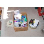 Box of energy saving lamps, leather upholstery cleaning kit, small hand tools, fittings etc.