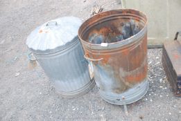 Galvanised garden incinerator and dustbin.