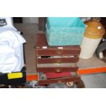 Four drawer stationery box and contents and rattan basket.