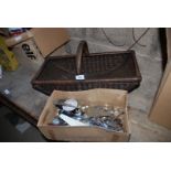 Wicker garden basket and quantity of plated cutlery