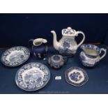 A small quantity of blue and white china to include a tall coffee pot with lid, Cauldon milk jug,