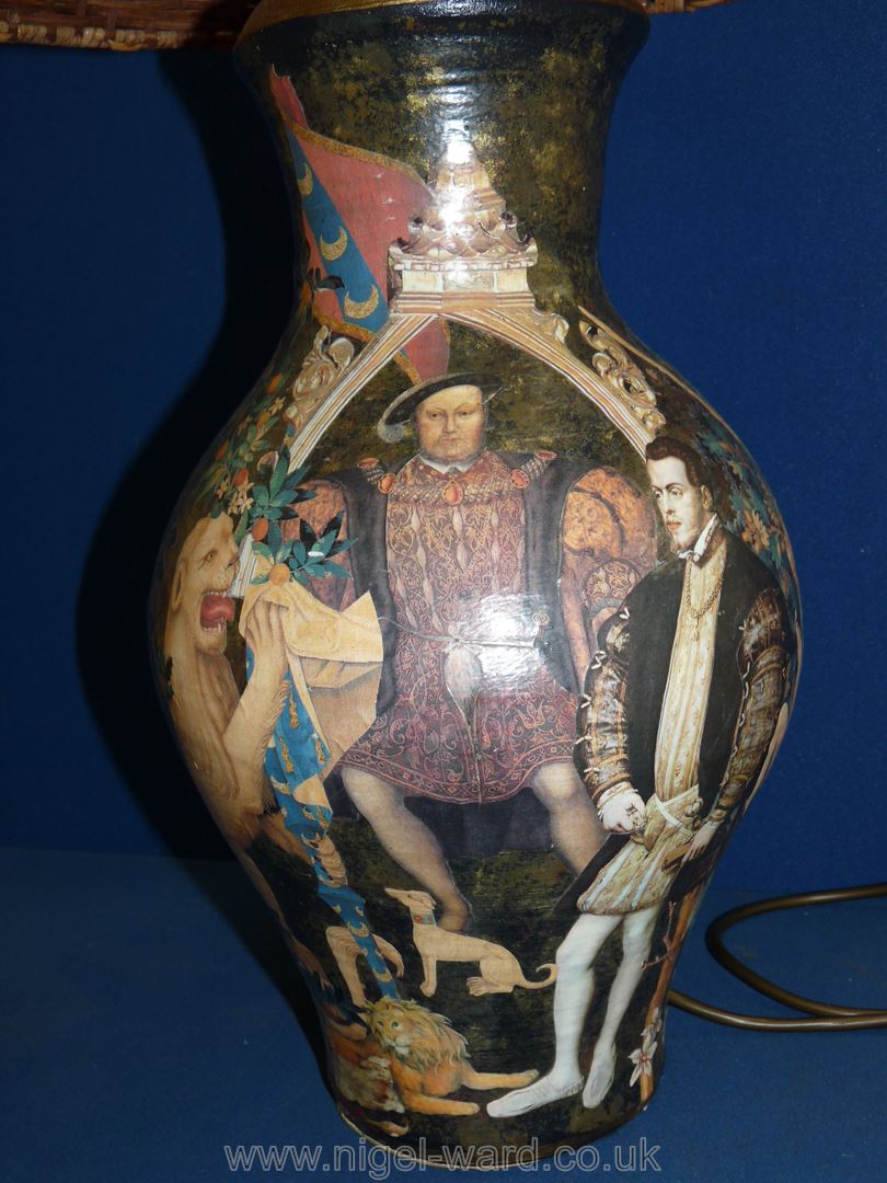 A tall ceramic table lamp with decoupage of Henry VIII, and a lion with wicker shade. - Image 2 of 4