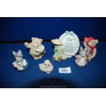 Six miniature china ornaments including a 'Cherished Teddies' by Priscilla Hillman and two items