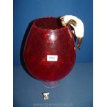 A large red glass brandy balloon with mouse in the bottom and a Siamese cat on the rim, 15" tall,