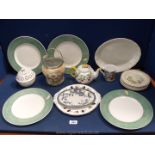 A box of china to include four Wedgwood plates with green border and butterfly,