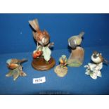 Five mixed bird ornaments including Capo di Monte,