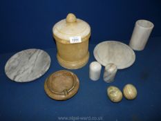 A small quantity of marble items including salt and pepper pot, ashtray,