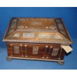 A Victorian Rosewood sewing box with mother of pearl inlay, original fitted interior, with key.