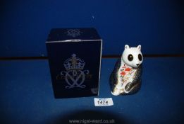 A Royal Crown Derby Panda paperweight with gold stopper, boxed.