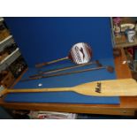 Miscellaneous sporting items to include early hickory shafted golf clubs (2), boat paddle, whip,
