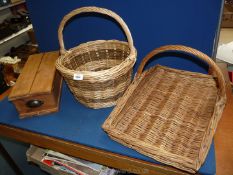 A vintage pine box, trug and basket.