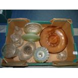 A quantity of glass including two jelly moulds, six coloured sweet dishes,