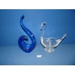 Two Murano style pieces of glass, one in blue the other clear glass.