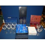 A quantity of boxed pairs of glasses including; Doulton International crystal whiskey tumblers,