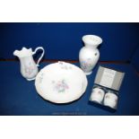 Three pieces of Aynsley 'Little Sweetheart' china; flower vase, jug & bowl,