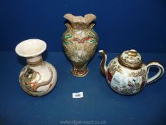 A Japanese marriage crackleware vase with dragons and female deity, 19 cms tall, Japanese teapot,
