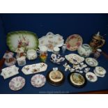 A quantity of miscellaneous china including a musical stein, pin dishes, trays, pot lids, bud vases,
