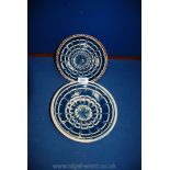 Two Claypitts Ewenny dishes in blue and cream, rings drawn to centres,