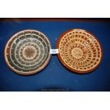 Two Claypitts Ewenny dishes; the deeper one in rust and cream colour,