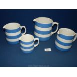 Four 'T.G. Green, Cornish Kitchen Ware' jugs, 4 1/2", 3 1/4", 5 1/4" and 4 1/2" tall.