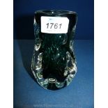 A thick, heavy 20th century Liskeard ''Knobbly'' sommerso glass vase, in green with clear casing,