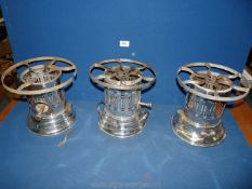 Three vintage silver plate flambe/crepe Spirit Burners, 9 1/2'' tall, ideal for functions/ hotels,