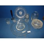 A vintage shallow glass flower arrangement bowl, a pretty cut glass cake plate, cut rose bowl etc.