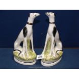 A pair of Staffordshire Greyhounds, snout on one damaged, 9 1/2" tall.