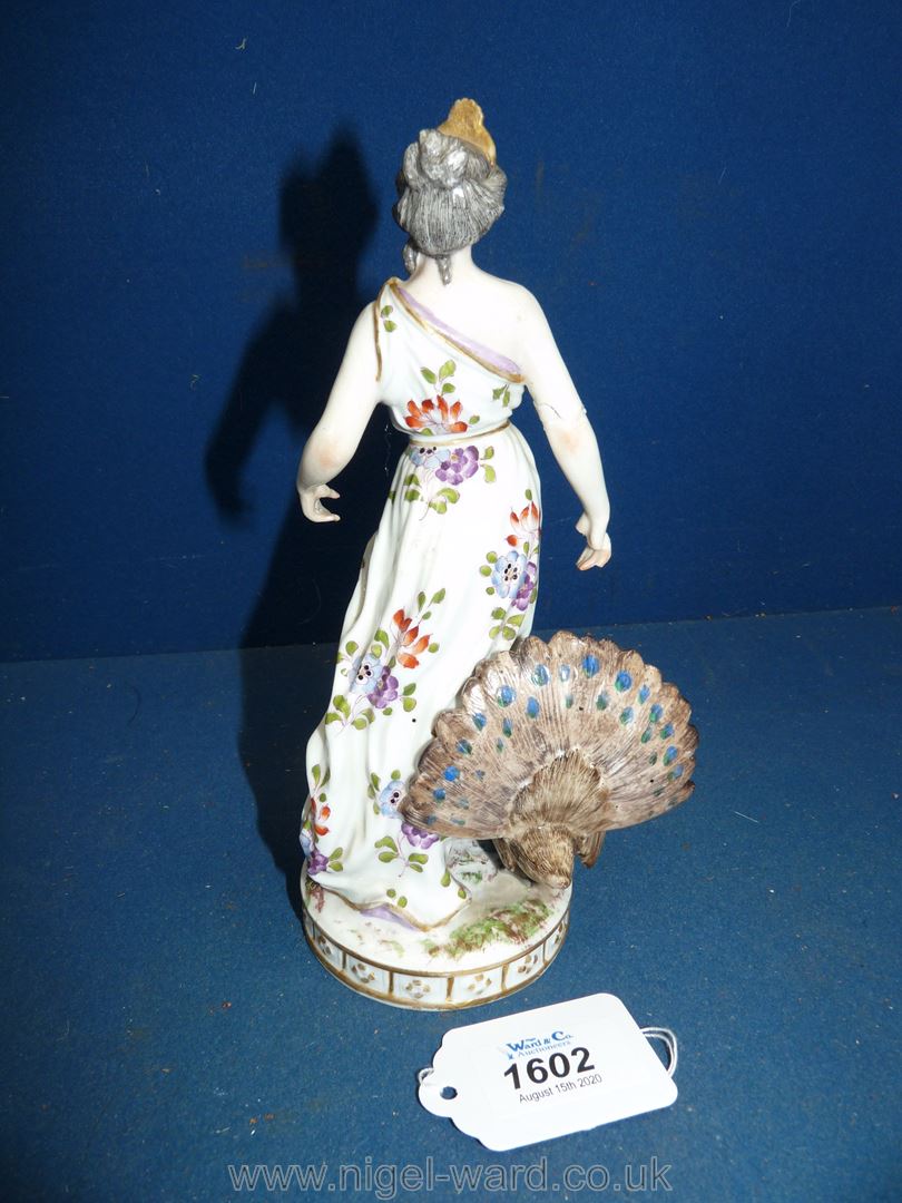 A 19th century Royal Vienna figure of a Juno accompanied by her peacock; shield mark in blue, - Image 6 of 8