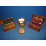 Two Victorian Mahogany boxes, one 1890 and the other 1910 plus a wooden biscuit barrel.