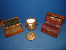 Two Victorian Mahogany boxes, one 1890 and the other 1910 plus a wooden biscuit barrel.