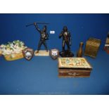 Two Spelter figures one a/f. and a doorstop, geese, brass tea caddy, biscuit tin etc.