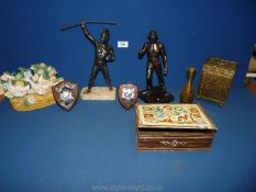 Two Spelter figures one a/f. and a doorstop, geese, brass tea caddy, biscuit tin etc.