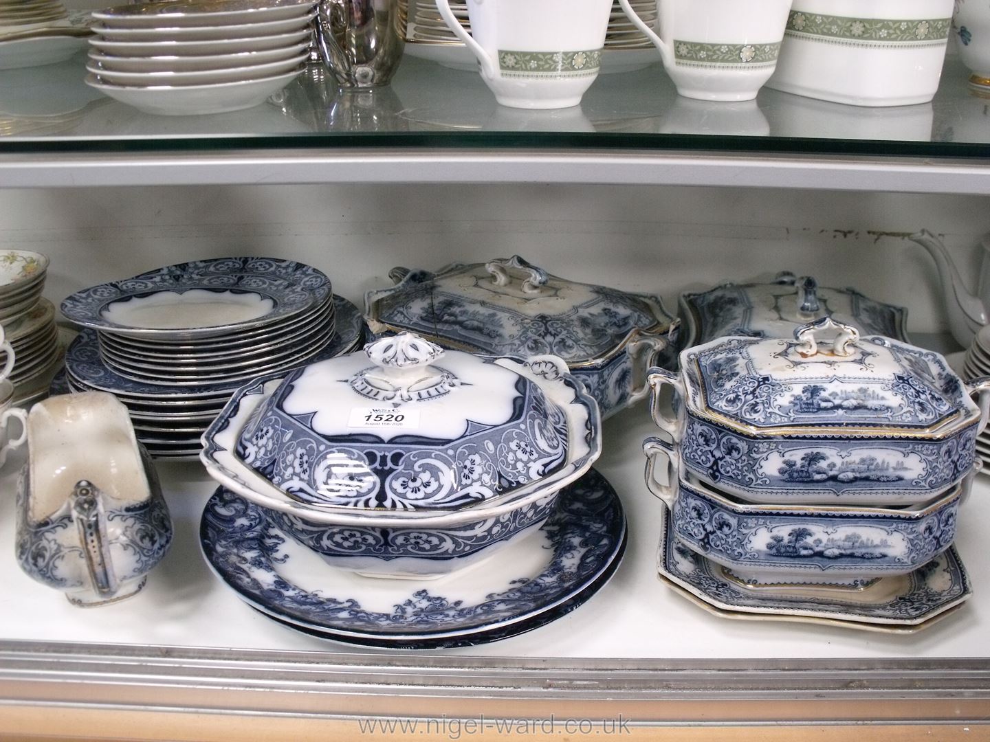 A quantity of blue and white including Burslem ware tureens (some a/f), Burleighware Tureen,