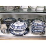 A quantity of blue and white including Burslem ware tureens (some a/f), Burleighware Tureen,
