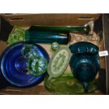 A quantity of coloured glass including Whitefriars style jug, part dressing table set,