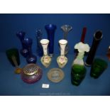 A tray of glass including three blue vases, pink rose bowl, six green glasses etc.