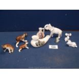 A Royal Dux Elephant, Boxer dogs (both a/f), mouse, crested ware (some a/f),