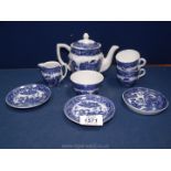 A Staffordshire blue and white willow pattern children's part teaset to include;