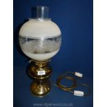 A brass Oil Lamp converted to electric with etched and frosted glass shade, 19'' tall overall.