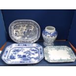 Three blue and white meat Plates and a blue and white Vase (lid missing)
