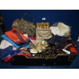 A quantity of vintage bags including crocodile skin, beaded purses, white feather headband,