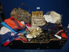 A quantity of vintage bags including crocodile skin, beaded purses, white feather headband,