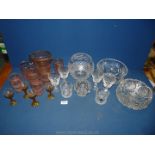 A quantity of glass including gold rimmed and pink frosted Water set, three cut glass bowls,